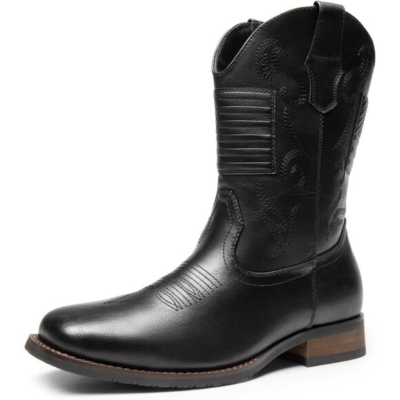 Bruno Marc Men Black Round Toe Slip on Chunky Heel Waterproof Mid Calf Boots - Picture 1 of 7